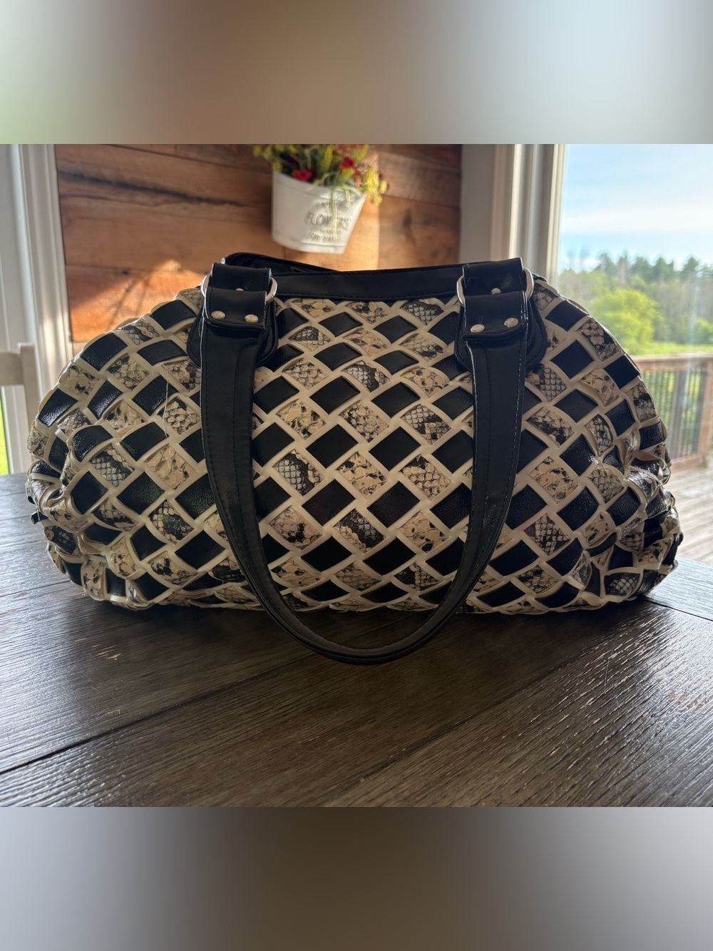 Aldo Black and White Woven Dome Satchel